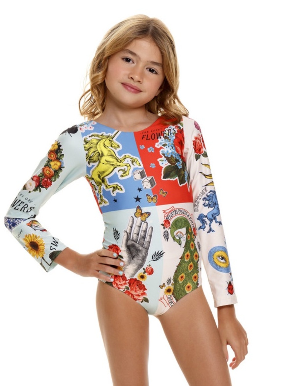 Agua Bendita Girls' Long Sleeve Floral Patchwork One-Piece Swimsuit- 12